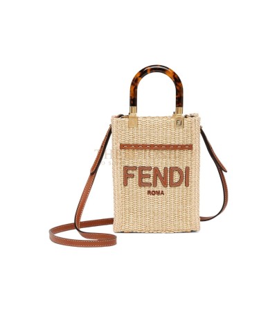FENDI SUNSHINE MINI NATURAL COLOR STRAW TOP HANDLE BAG 13*18*6.5CM 80036  